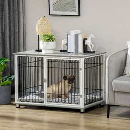 image-PawHut Dog Crate Furniture End Table w/ Soft Washable Cushion, Lockable Door