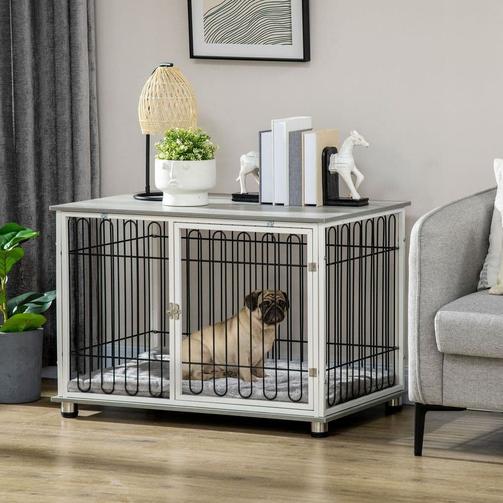 image-PawHut Dog Crate Furniture End Table w/ Soft Washable Cushion, Lockable Door