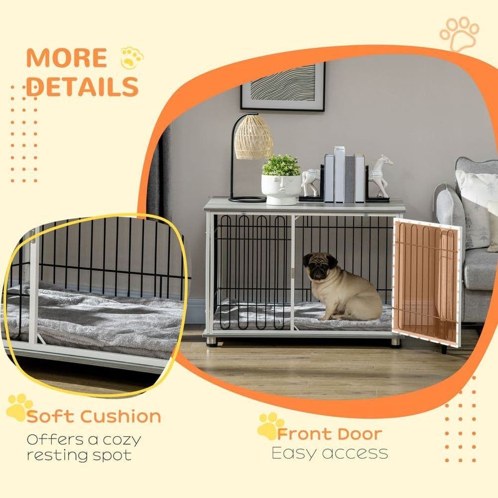 image-PawHut Dog Crate Furniture End Table w/ Soft Washable Cushion, Lockable Door