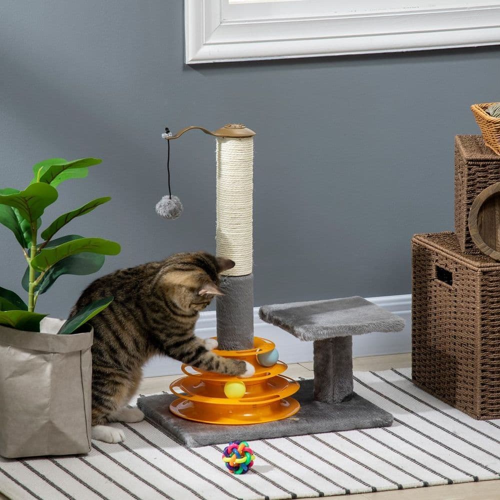 image-PawHut 56cm Cat Tree for Indoor Cats, Scratching Post w/ Cat Toys - Grey