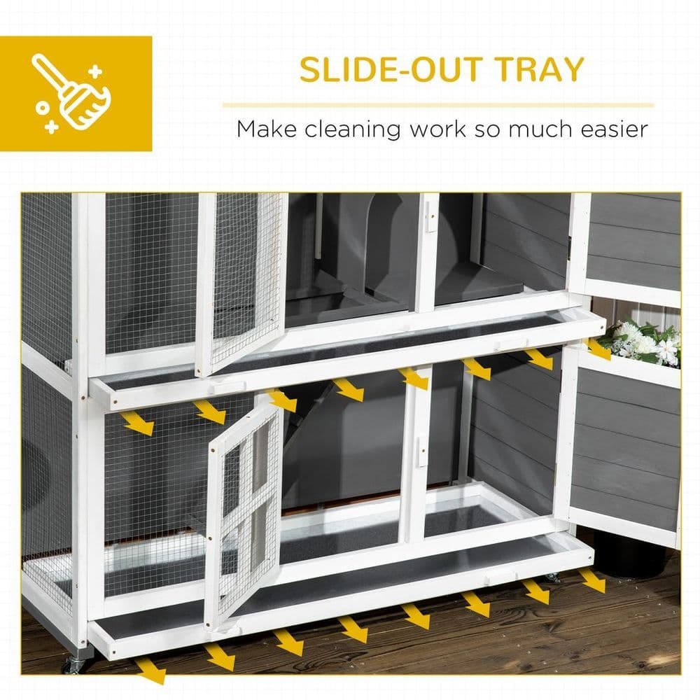 image-PawHut Wooden Rabbit Hutch, Small Animal House w/ Wheels, Removable Tray - Grey