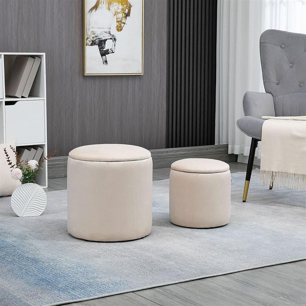 image-Modern Fabric Storage Ottoman with Removable Lid, Set of 2, Foot Stool, Cream White
