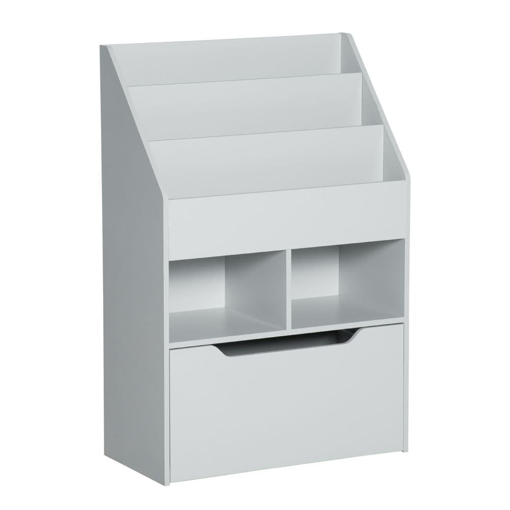 image-HOMCOM Kids Bookshelf, Toy Box w/ Storage Drawer, Wheels, for Bedroom - Grey