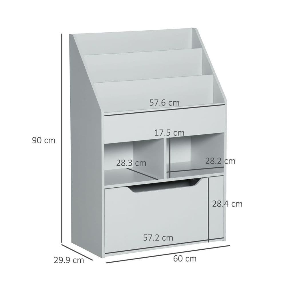 image-HOMCOM Kids Bookshelf, Toy Box w/ Storage Drawer, Wheels, for Bedroom - Grey