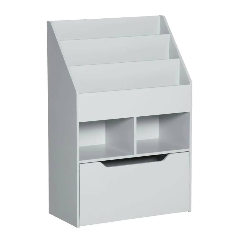 image-HOMCOM Kids Bookshelf, Toy Box w/ Storage Drawer, Wheels, for Bedroom - Grey