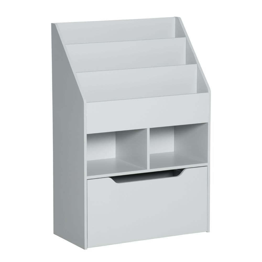image-HOMCOM Kids Bookshelf, Toy Box w/ Storage Drawer, Wheels, for Bedroom - Grey