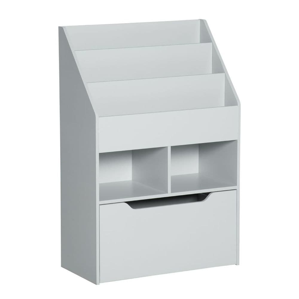 image-HOMCOM Kids Bookshelf, Toy Box w/ Storage Drawer, Wheels, for Bedroom - Grey