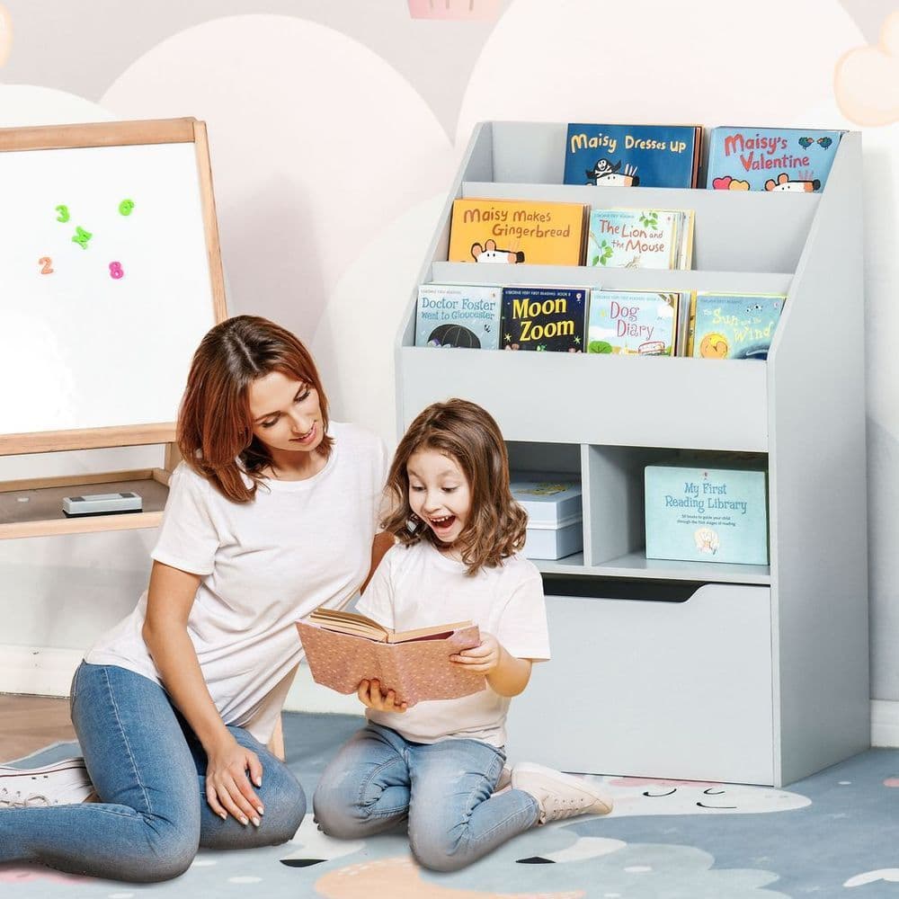 image-HOMCOM Kids Bookshelf, Toy Box w/ Storage Drawer, Wheels, for Bedroom - Grey