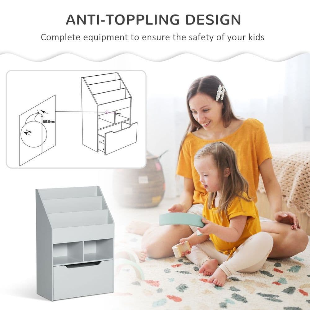 image-HOMCOM Kids Bookshelf, Toy Box w/ Storage Drawer, Wheels, for Bedroom - Grey