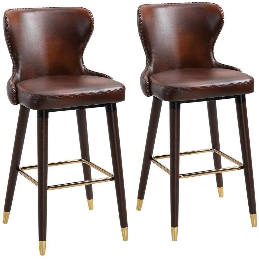 image-2 Pieces Home Luxury Bar Chair Stool, PU Leather European Style, Brown