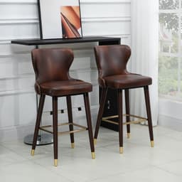 image-2 Pieces Home Luxury Bar Chair Stool, PU Leather European Style, Brown
