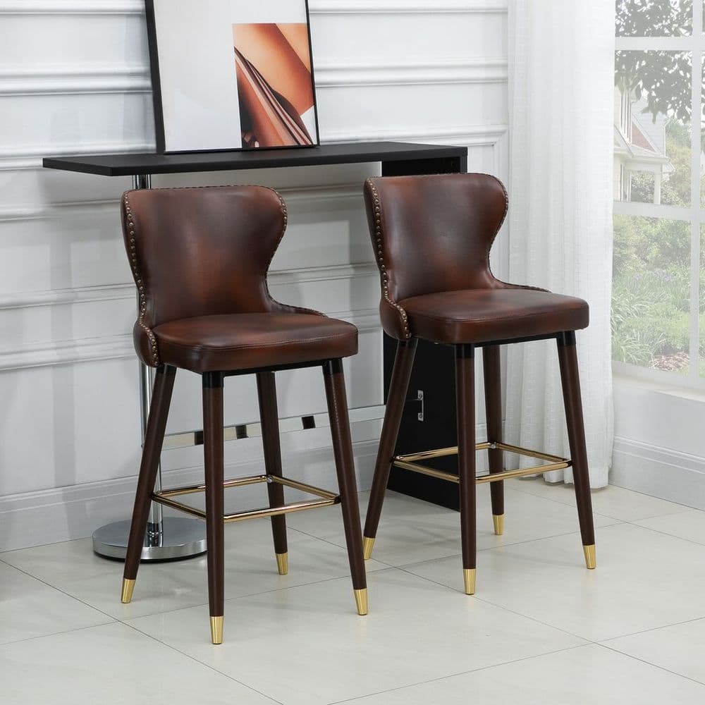 image-2 Pieces Home Luxury Bar Chair Stool, PU Leather European Style, Brown