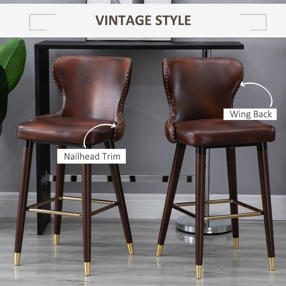 image-2 Pieces Home Luxury Bar Chair Stool, PU Leather European Style, Brown