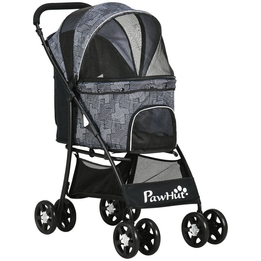 image-PawHut Foldable Dog Stroller w/ Large Carriage, Universal Wheels, Brakes - Grey