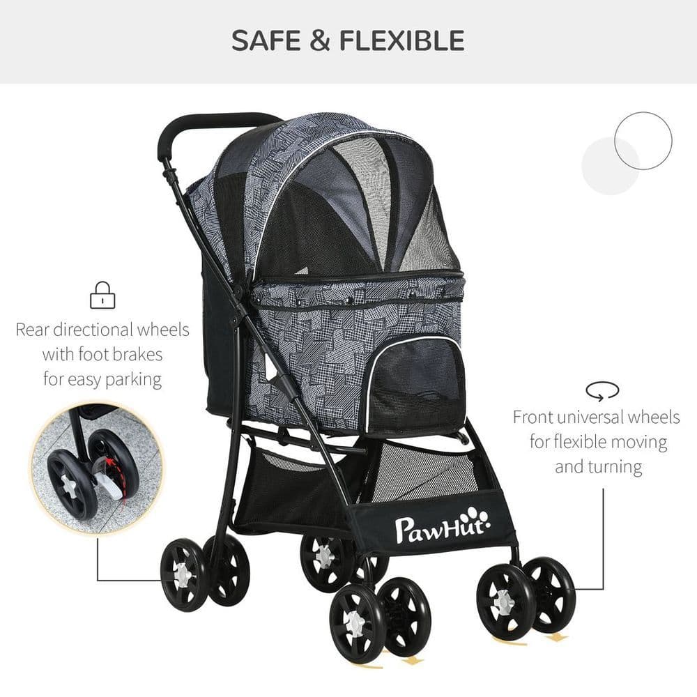 image-PawHut Foldable Dog Stroller w/ Large Carriage, Universal Wheels, Brakes - Grey