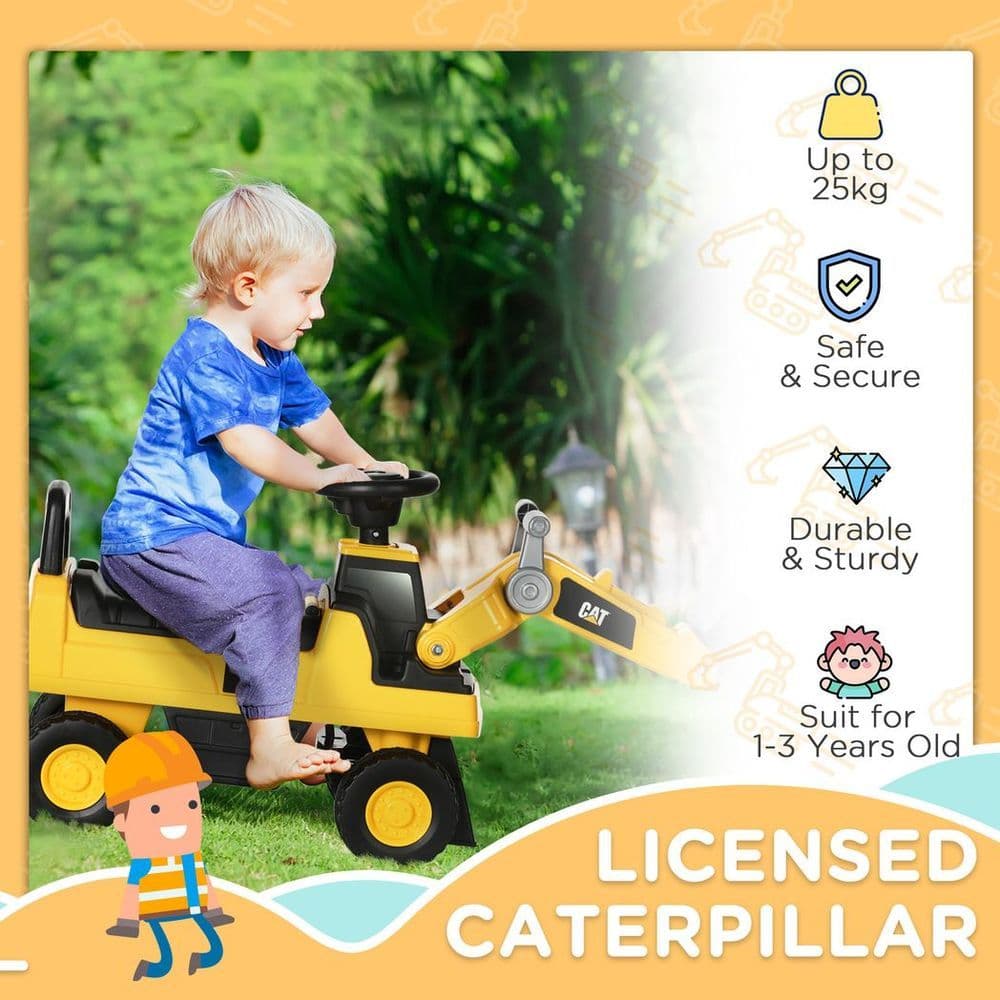 image-HOMCOM CAT Licensed Kids Construction Ride-On w/ Manual Shovel, for 1-3 Years