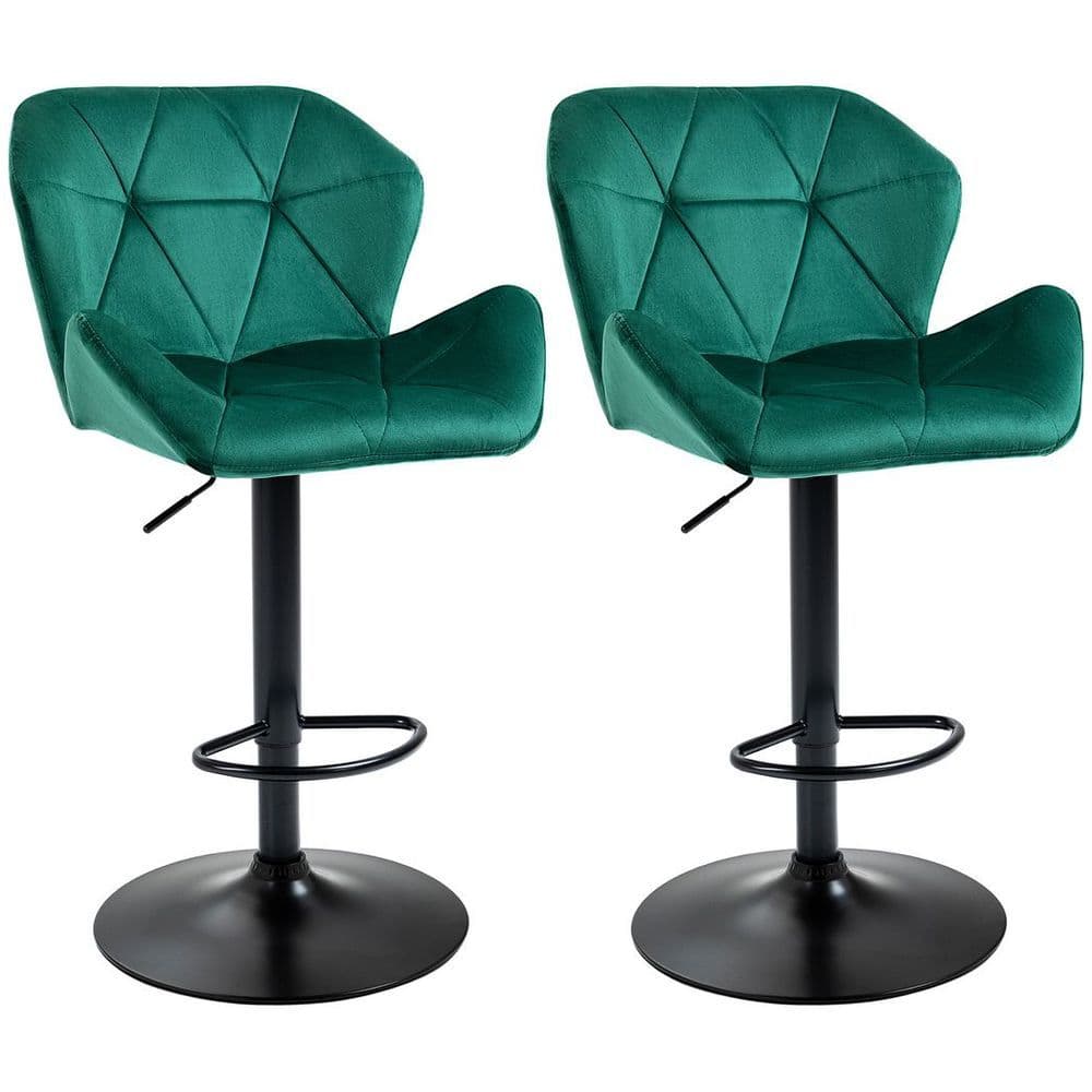 image-Set Of 2 Luxurious Velvet-Touch Bar Stools w/ Metal Frame Footrest Base Green