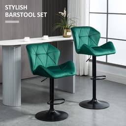 image-Set Of 2 Luxurious Velvet-Touch Bar Stools w/ Metal Frame Footrest Base Green