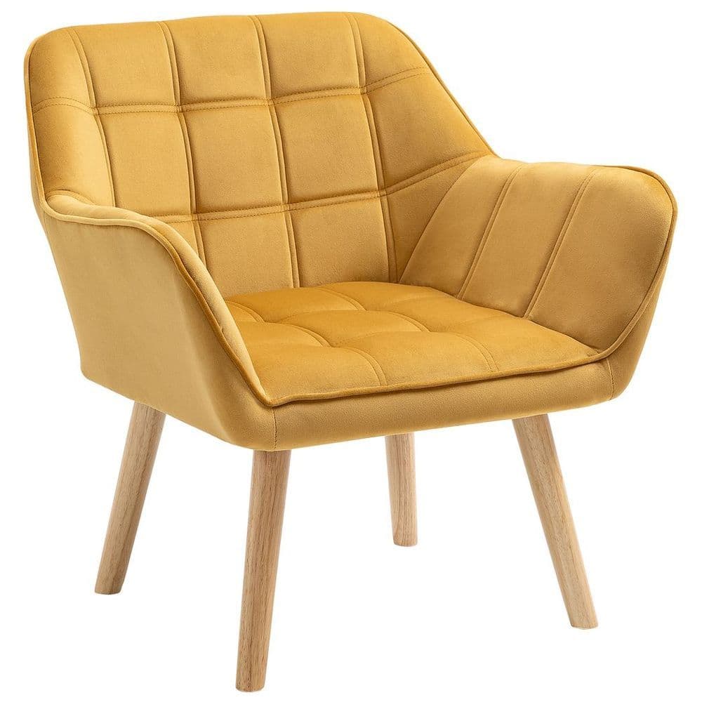 image-Luxe Velvet-Feel Accent Chair w/ Wide Arms Slanted Back Padding Wood Legs Yellow