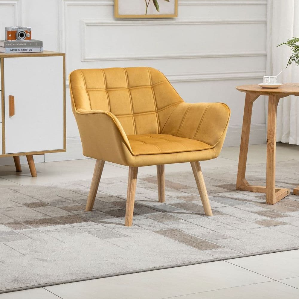 image-Luxe Velvet-Feel Accent Chair w/ Wide Arms Slanted Back Padding Wood Legs Yellow