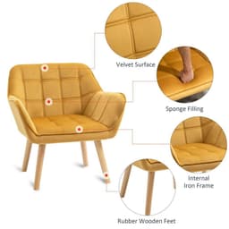 image-Luxe Velvet-Feel Accent Chair w/ Wide Arms Slanted Back Padding Wood Legs Yellow