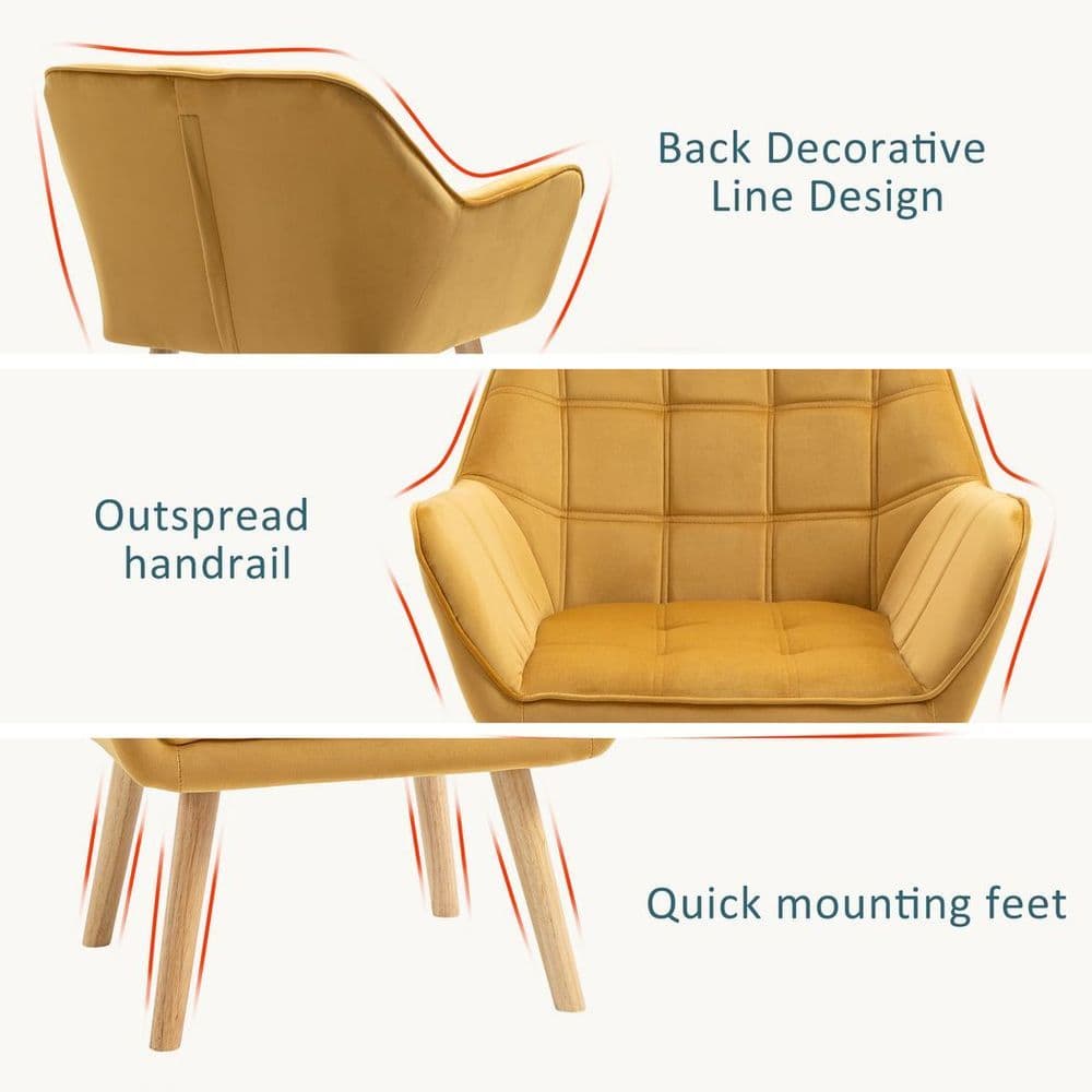 image-Luxe Velvet-Feel Accent Chair w/ Wide Arms Slanted Back Padding Wood Legs Yellow