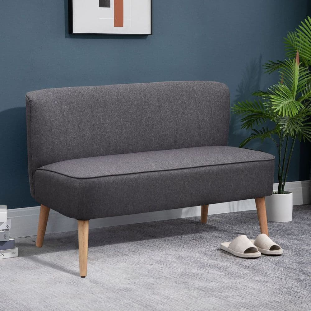 image-Modern Double Seat Sofa Loveseat Couch Padded Linen Wood Legs, Dark Grey