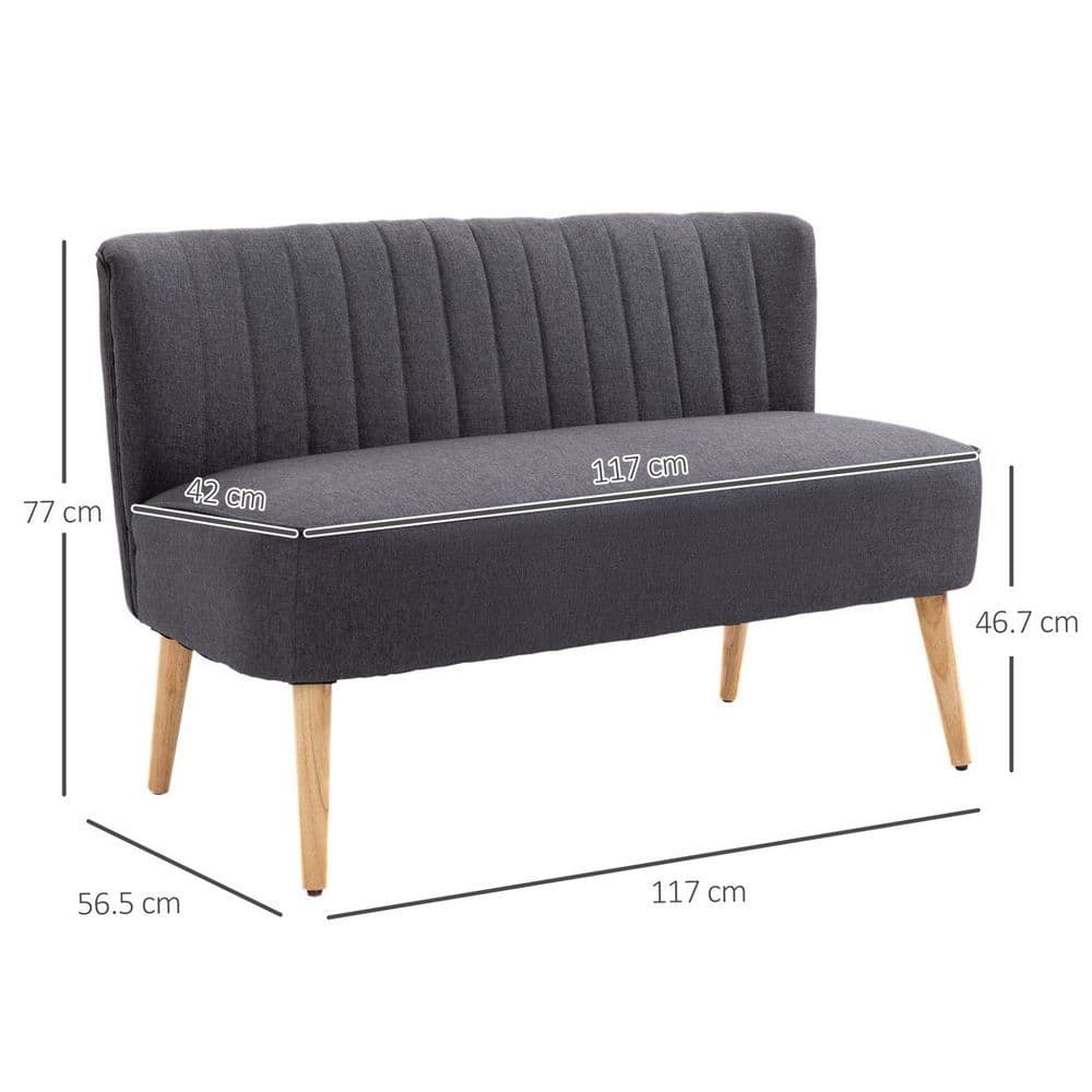 image-Modern Double Seat Sofa Loveseat Couch Padded Linen Wood Legs, Dark Grey