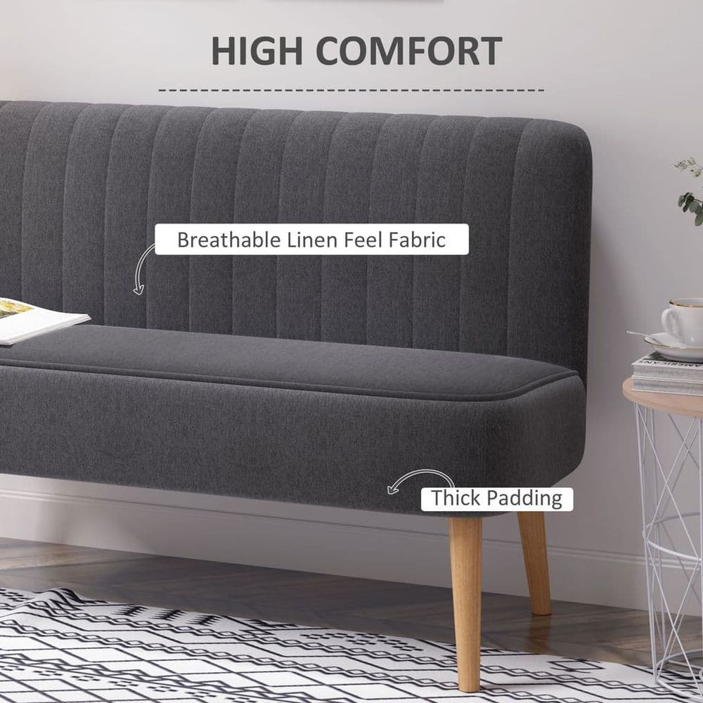 image-Modern Double Seat Sofa Loveseat Couch Padded Linen Wood Legs, Dark Grey