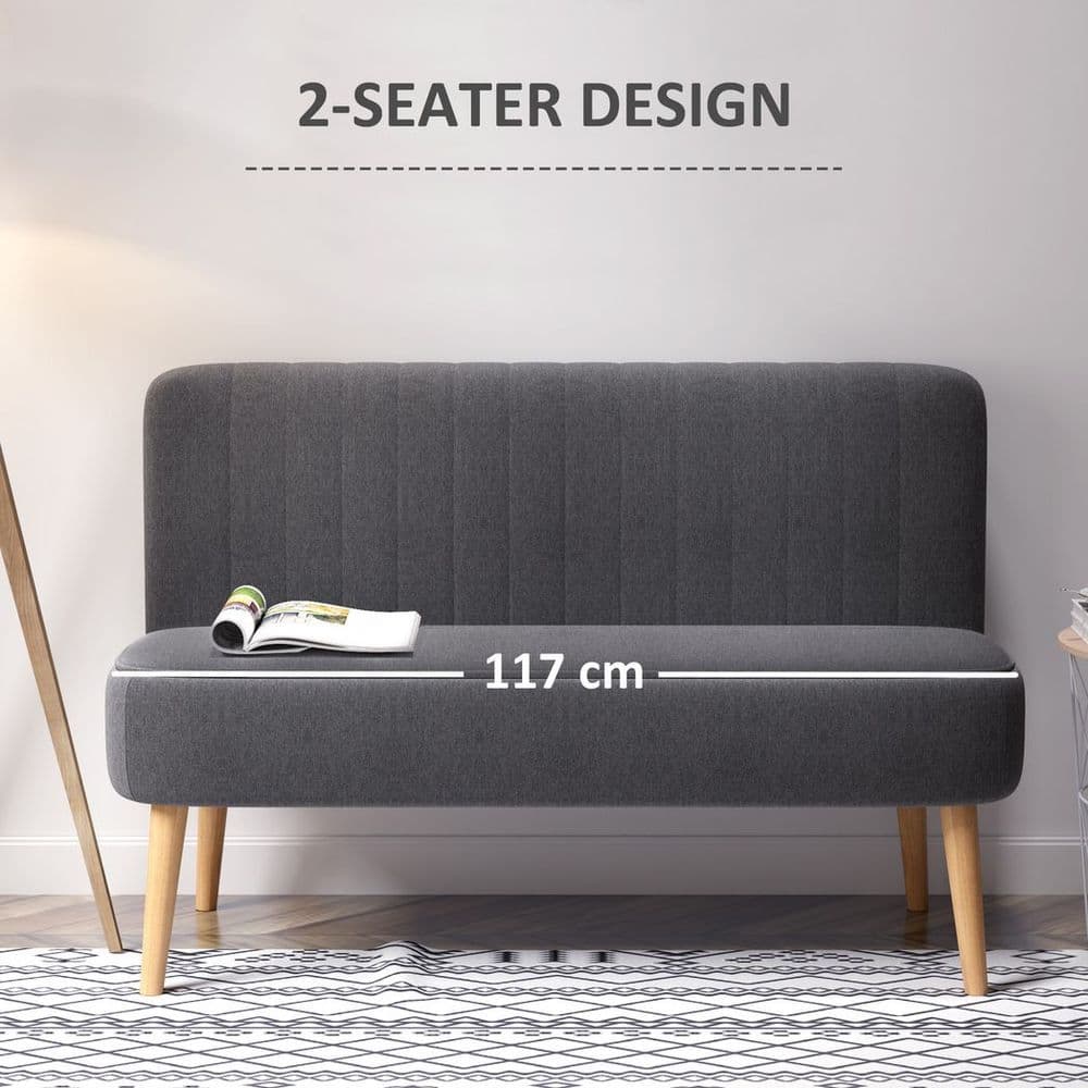 image-Modern Double Seat Sofa Loveseat Couch Padded Linen Wood Legs, Dark Grey