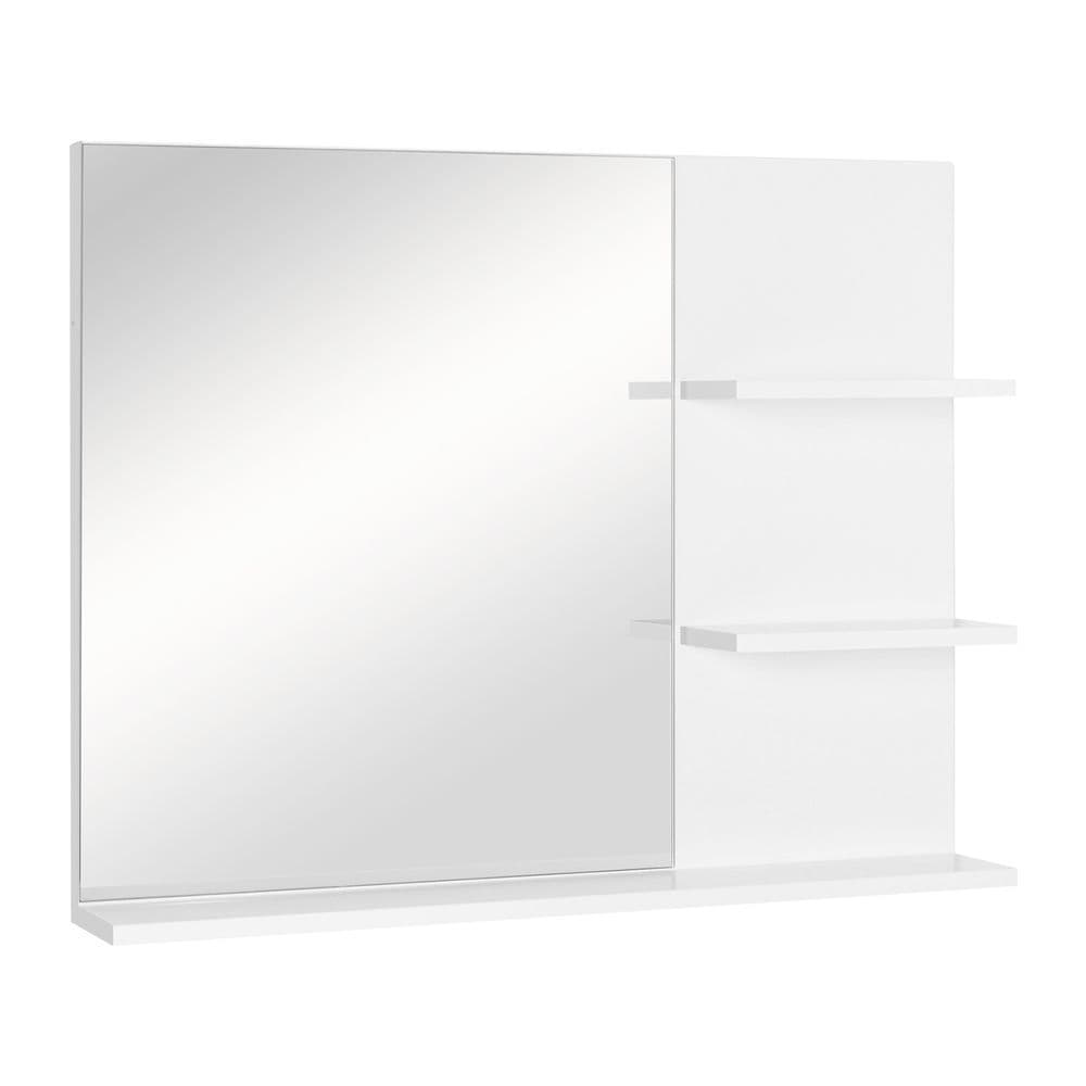 image-Modern Bathroom Wall Mounted Mirror with 3 Storage Open Shelves, White