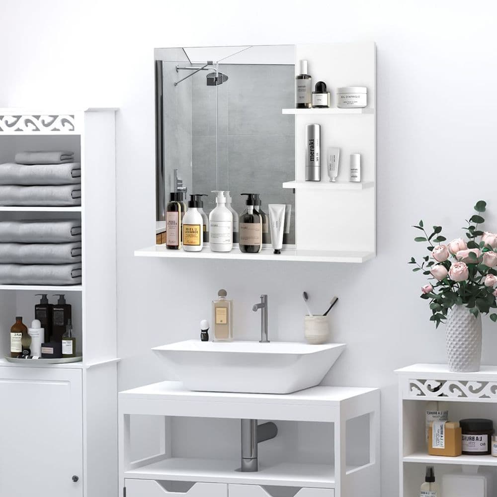 image-Modern Bathroom Wall Mounted Mirror with 3 Storage Open Shelves, White