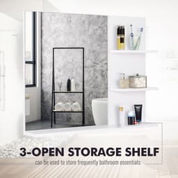image-Modern Bathroom Wall Mounted Mirror with 3 Storage Open Shelves, White