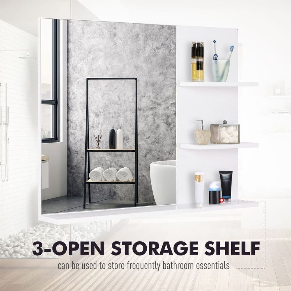 image-Modern Bathroom Wall Mounted Mirror with 3 Storage Open Shelves, White