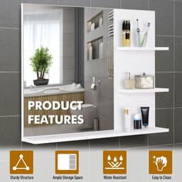 image-Modern Bathroom Wall Mounted Mirror with 3 Storage Open Shelves, White