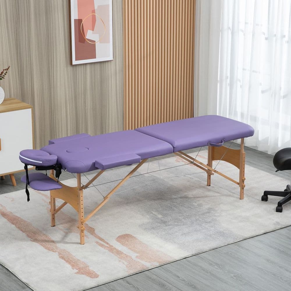 image-Portable Massage Bed Folding Spa Beauty Massage Table with 2 Sections Purple