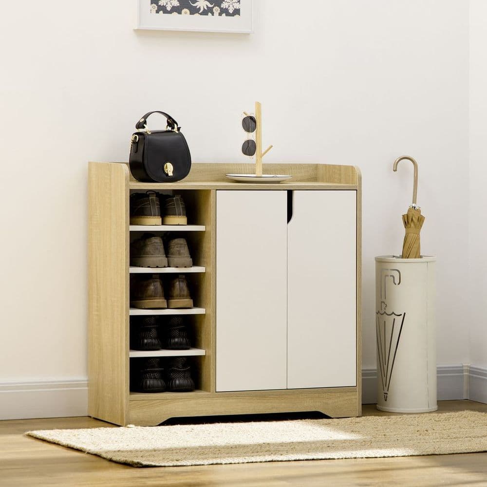 image-Shoe Storage Organizer w/ Double Door Cabinet Open Shelves for Hallway Entryway