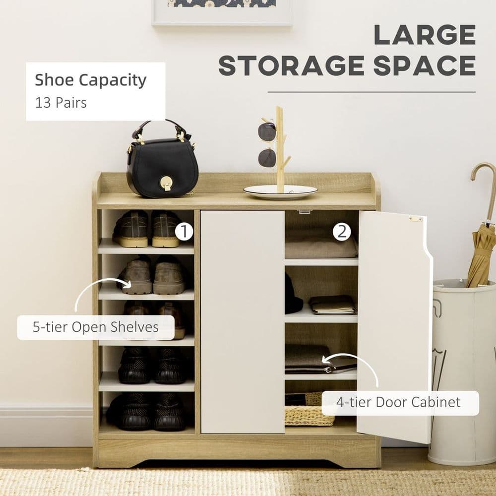image-Shoe Storage Organizer w/ Double Door Cabinet Open Shelves for Hallway Entryway