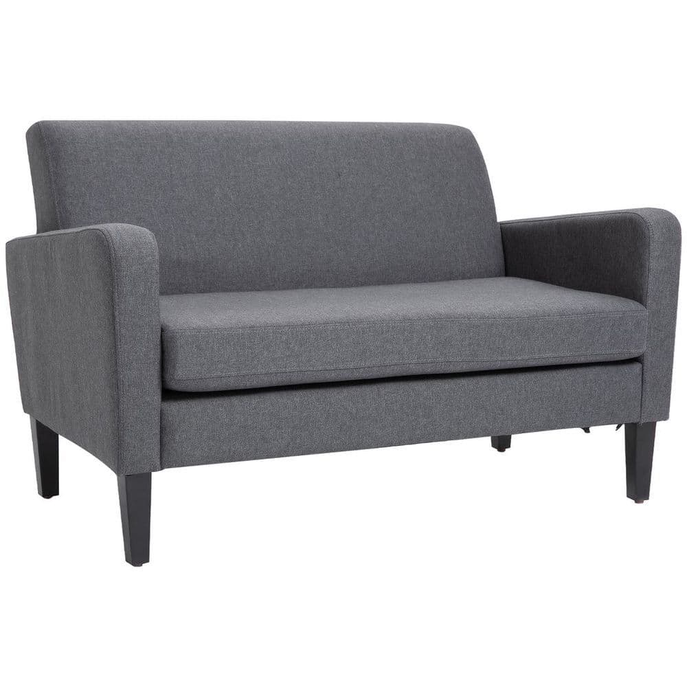 image-Linen Modern-Curved 2-Seat Sofa Loveseat w/ Thick Cushion Wood Legs Grey