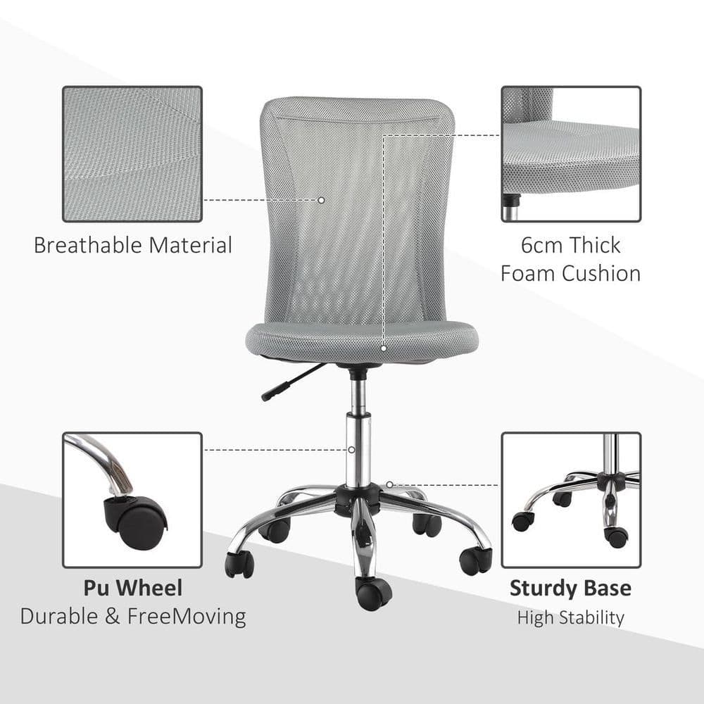 image-Armless Office Chair Ergonomic Padded Height Adjustable Mesh Back 5 Wheels