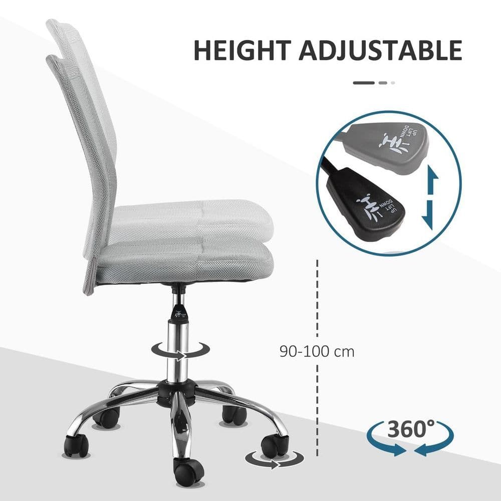 image-Armless Office Chair Ergonomic Padded Height Adjustable Mesh Back 5 Wheels