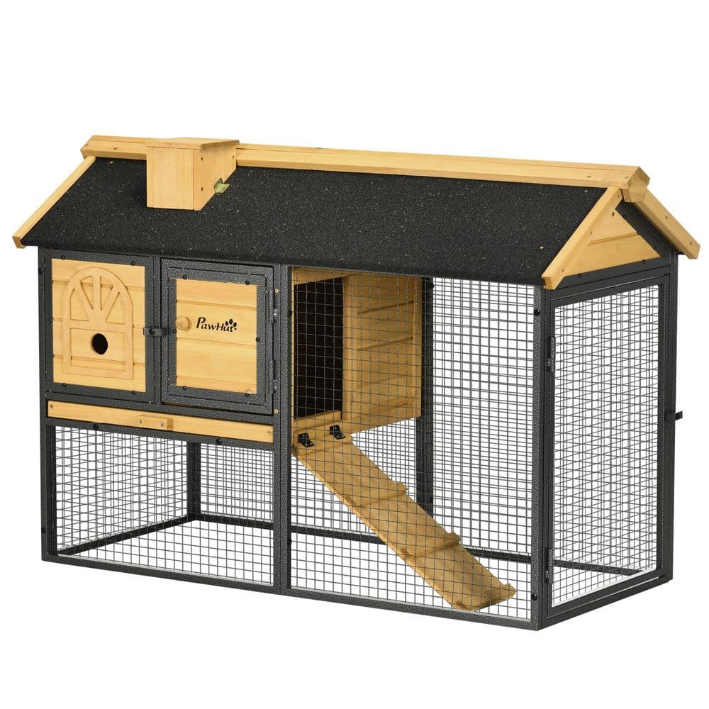 image-PawHut Rabbit Hutch Outdoor Bunny Cage w/ Run, Removable Tray 120 x 55.5 x 80cm