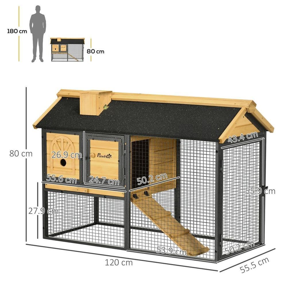 image-PawHut Rabbit Hutch Outdoor Bunny Cage w/ Run, Removable Tray 120 x 55.5 x 80cm