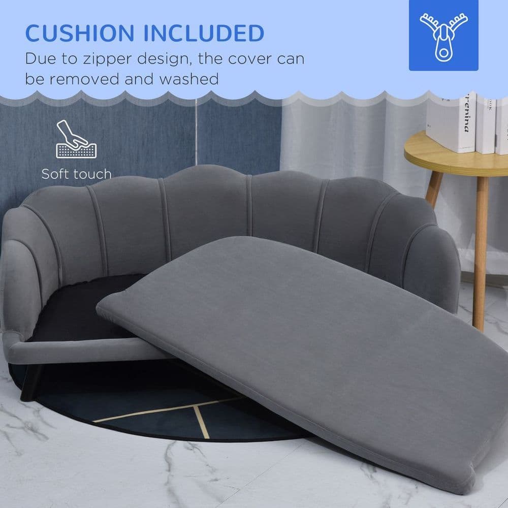 image-PawHut Dog Sofa, Pet Couch Bed for Medium, Large Dogs w/ Legs, Cushion - Grey