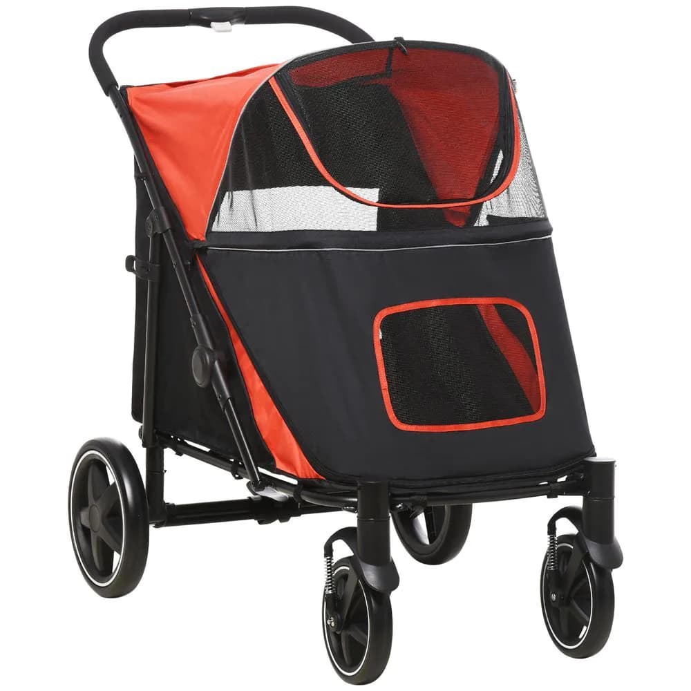 image-PawHut Foldable Dog Carriage w/ Universal Wheels, Shock Absorber - Red