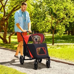 image-PawHut Foldable Dog Carriage w/ Universal Wheels, Shock Absorber - Red