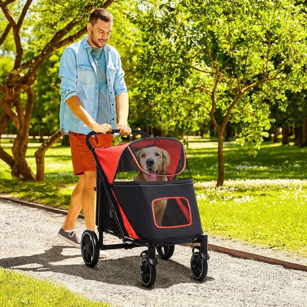 image-PawHut Foldable Dog Carriage w/ Universal Wheels, Shock Absorber - Red