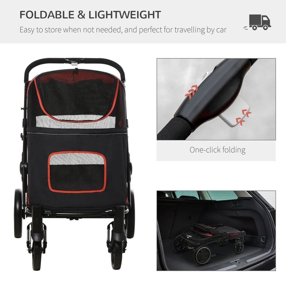 image-PawHut Foldable Dog Carriage w/ Universal Wheels, Shock Absorber - Red