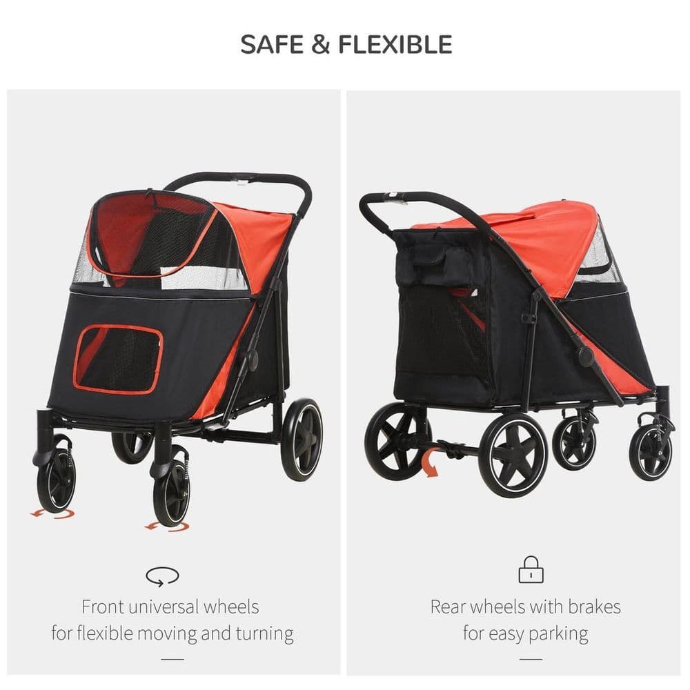 image-PawHut Foldable Dog Carriage w/ Universal Wheels, Shock Absorber - Red