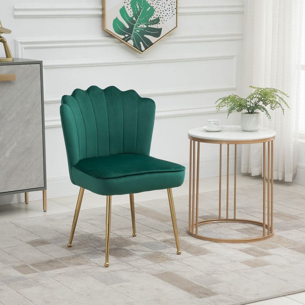 image-Velvet-Feel Shell Luxe Accent Chair Home Bedroom Lounge with Metal Legs Green